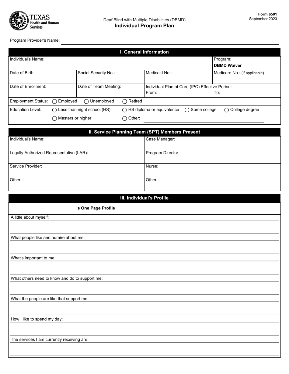Form 6501 Individual Program Plan - Texas, Page 1