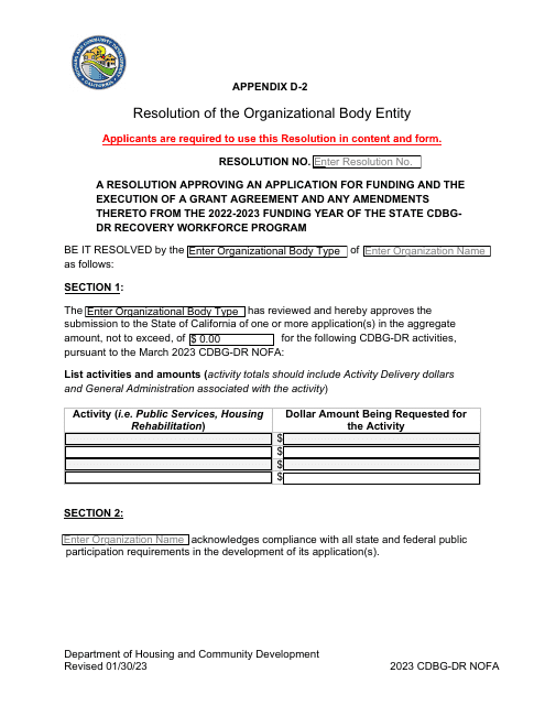 Appendix D-2 Resolution of the Organizational Body Entity - California, 2023