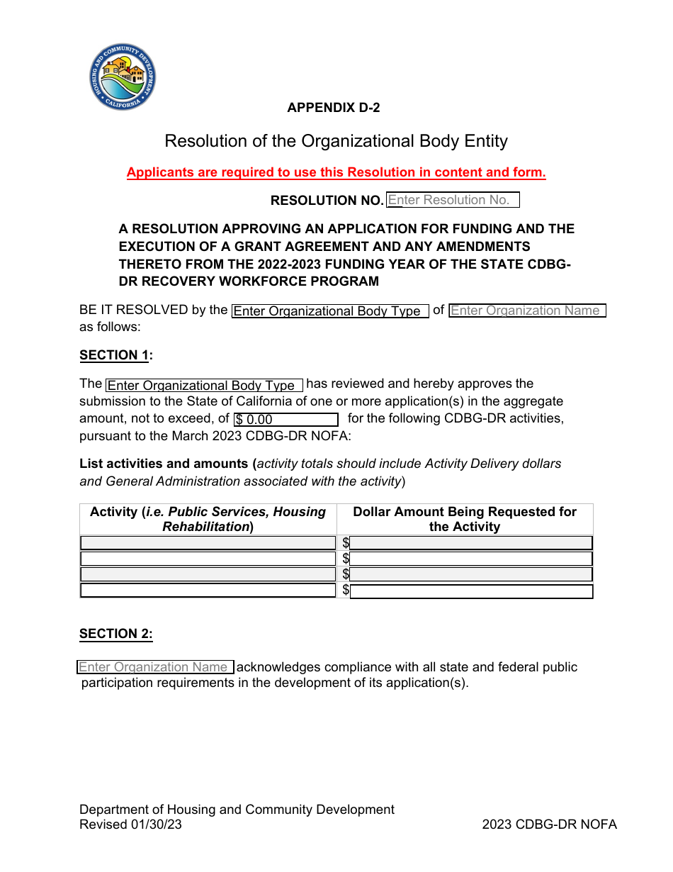 Appendix D-2 Resolution of the Organizational Body Entity - California, Page 1