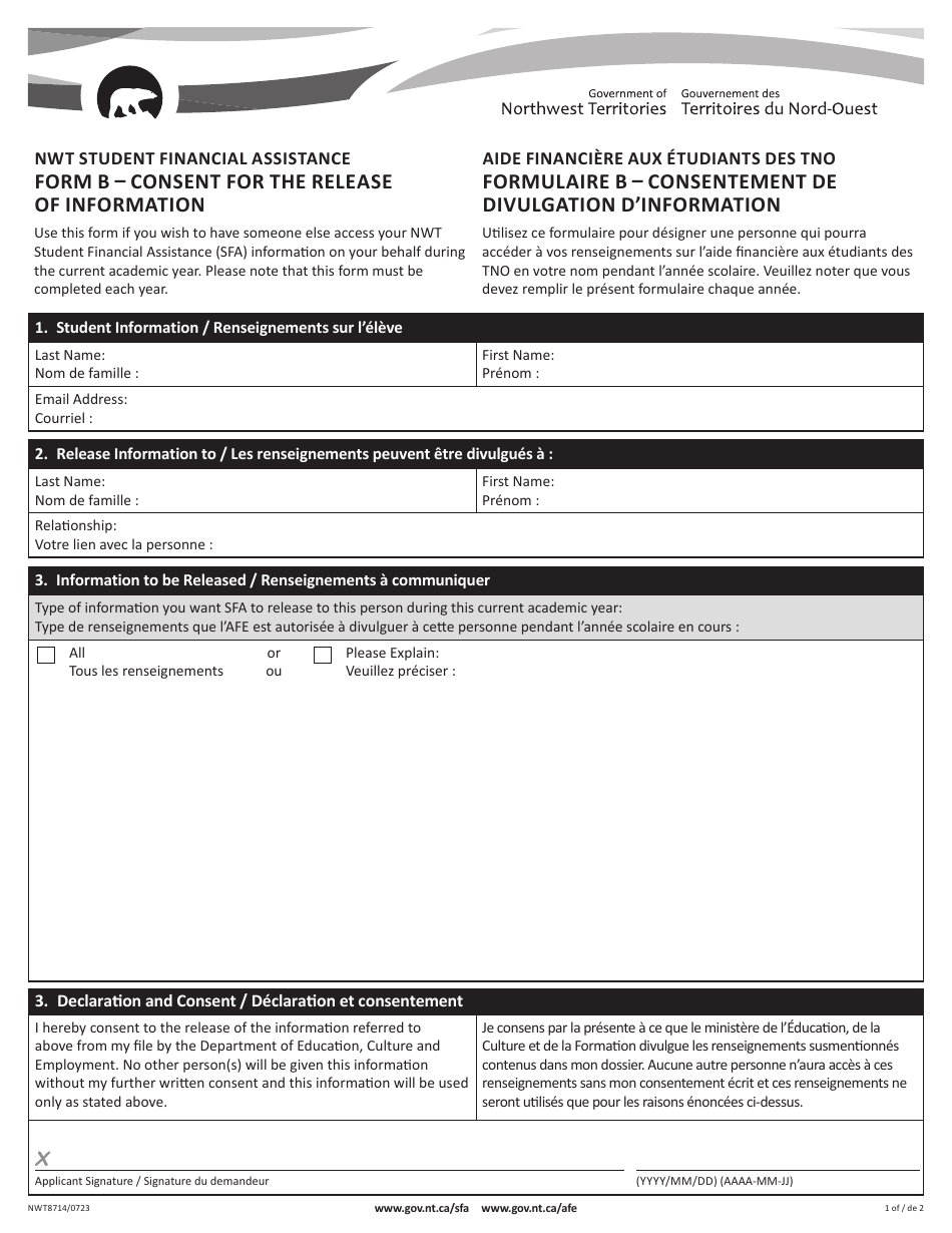 Form B (NWT8714) Nwt Student Financial Assistance - Consent for the Release of Information - Northwest Territories, Canada, Page 1