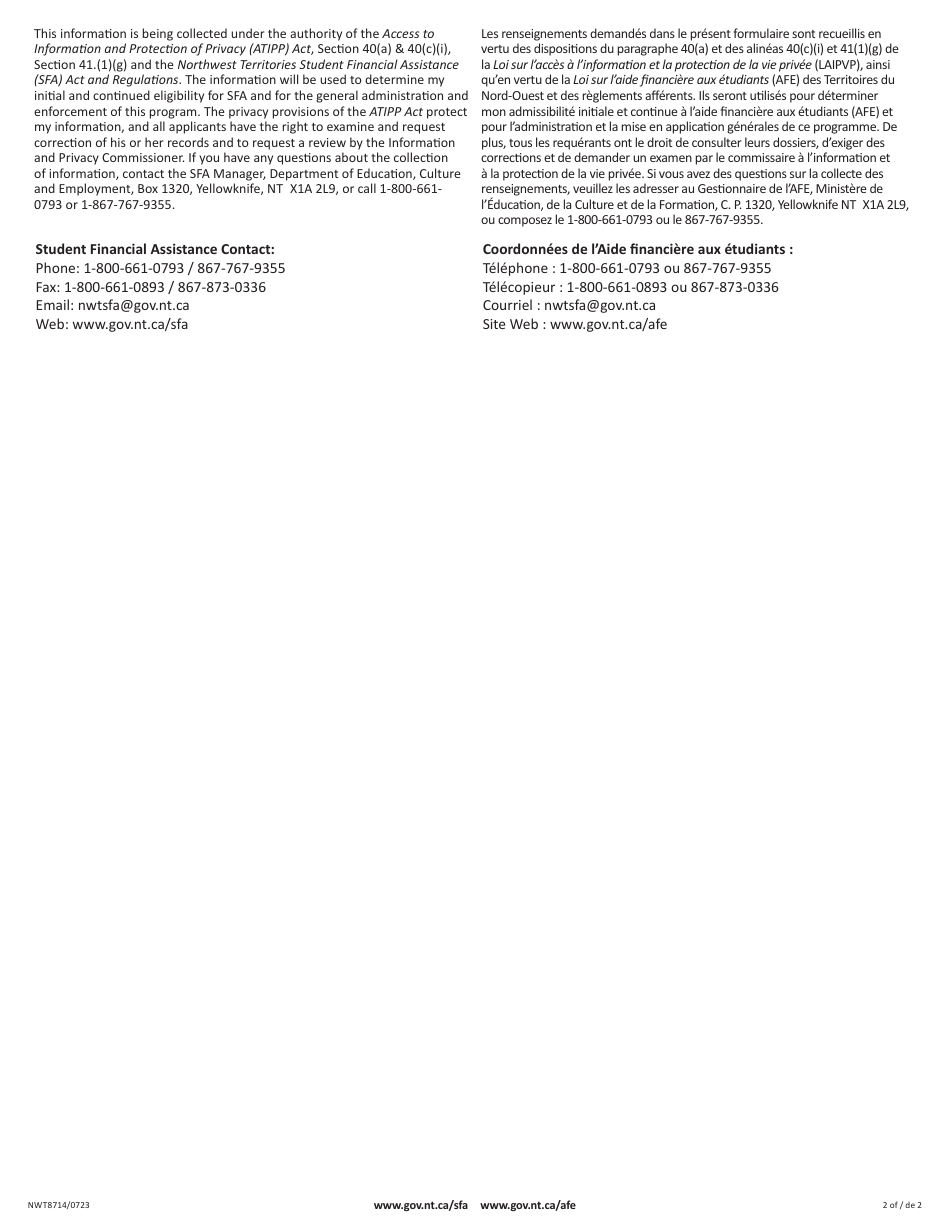 Form B (NWT8714) Nwt Student Financial Assistance - Consent for the Release of Information - Northwest Territories, Canada, Page 2