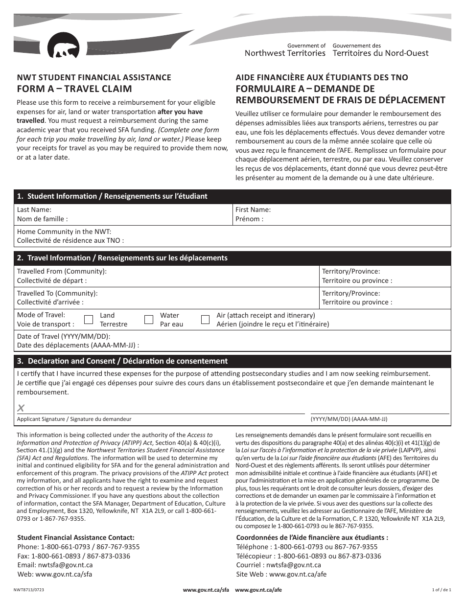 Form A (NWT8713) Nwt Student Financial Assistance Travel Claim - Northwest Territories, Canada (English / French), Page 1
