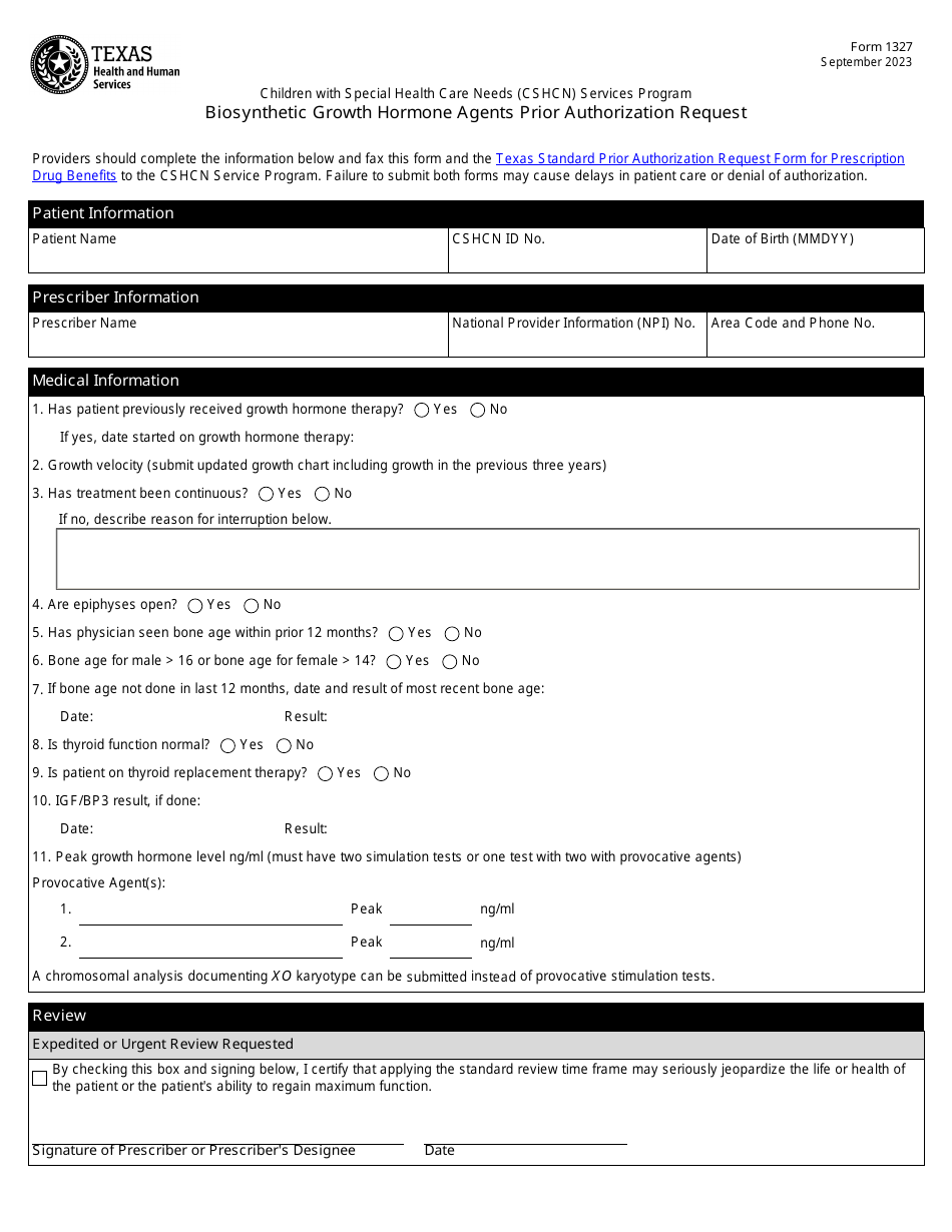 Form 1327 Biosynthetic Growth Hormone Agents Prior Authorization Request - Texas, Page 1