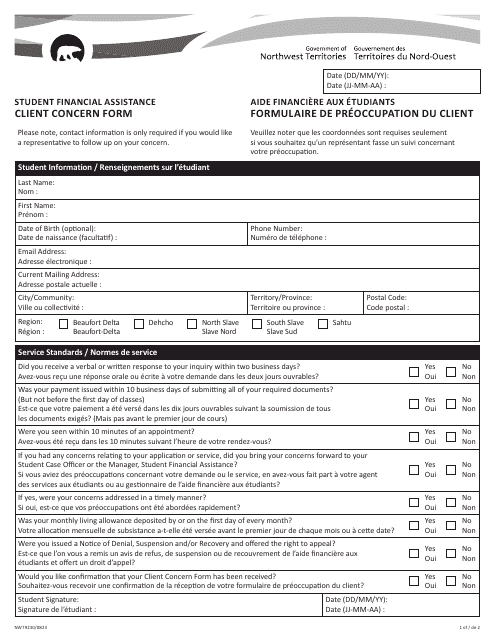 Form NWT9230 Student Financial Assistance Client Concern Form - Northwest Territories, Canada (English/French)