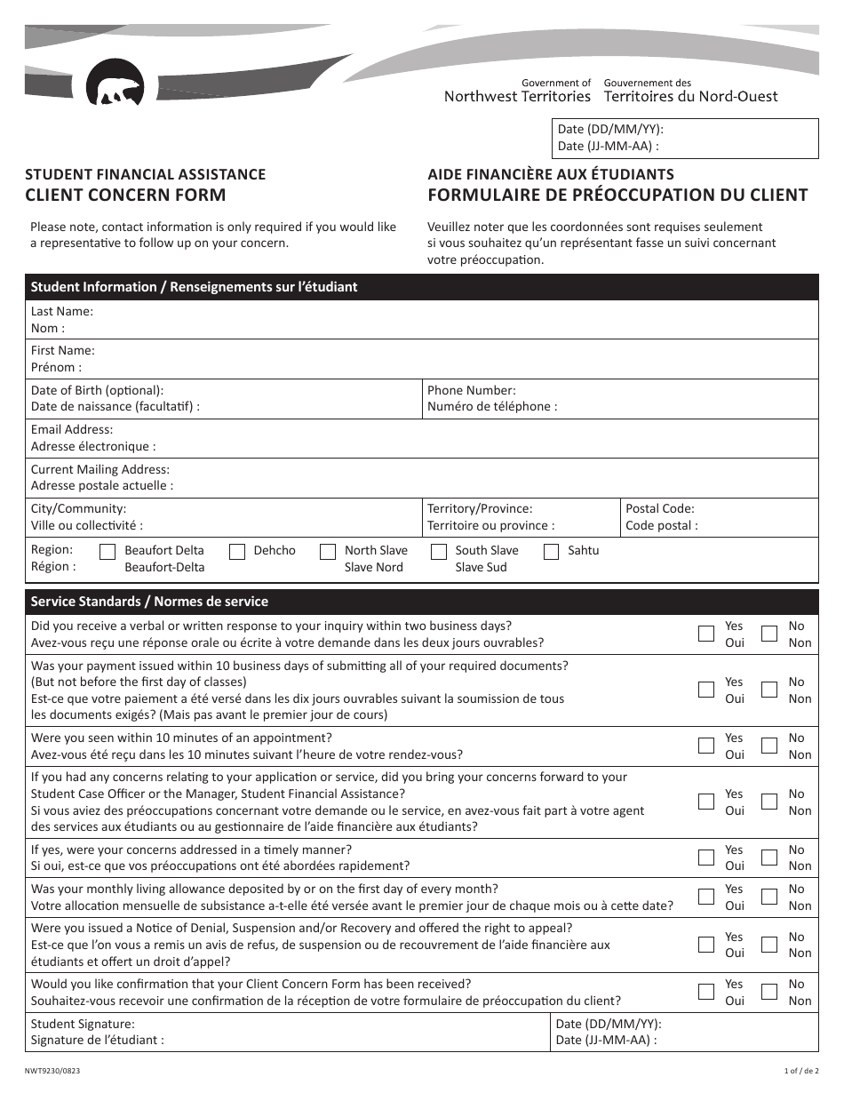 Form NWT9230 Student Financial Assistance Client Concern Form - Northwest Territories, Canada (English / French), Page 1