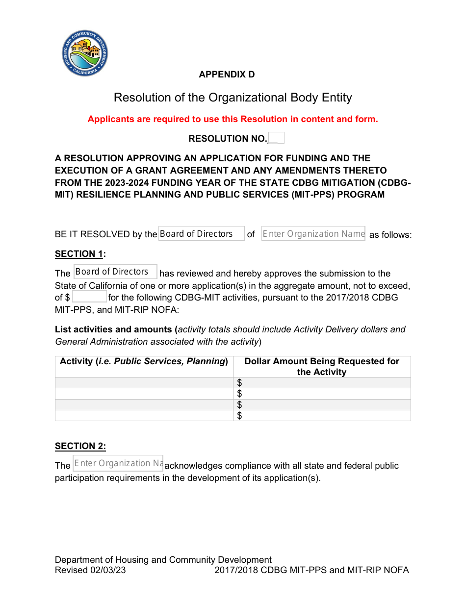 Appendix D Resolution of the Organizational Body Entity - California, Page 1