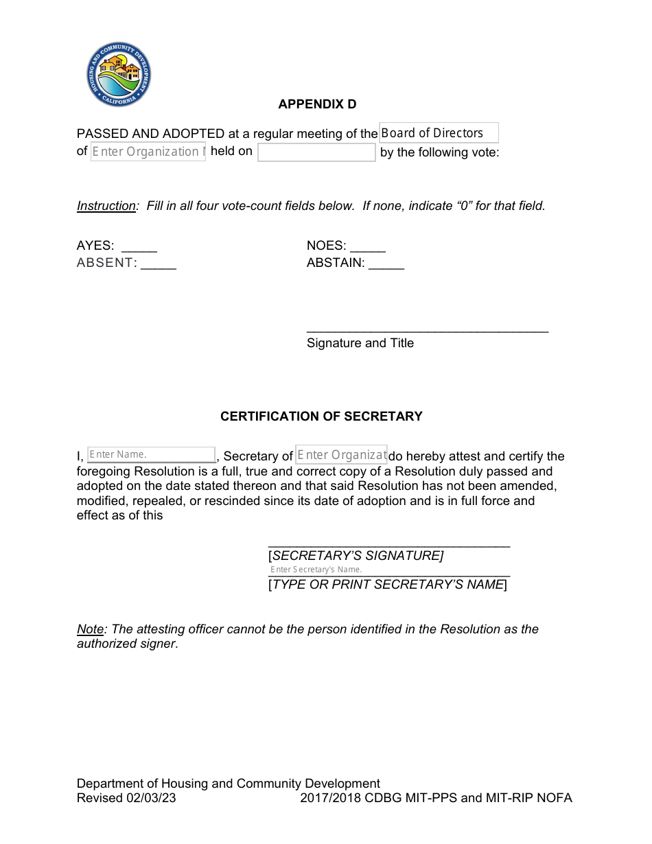 Appendix D Resolution of the Organizational Body Entity - California, Page 3