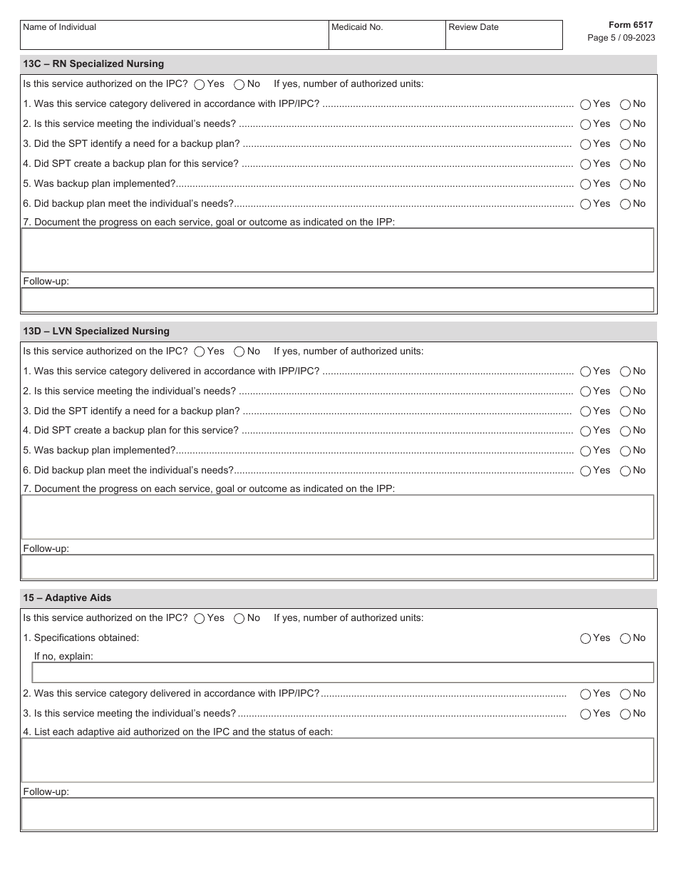 Form 6517 Individual Program Plan (Ipp) Service Review - Texas, Page 5