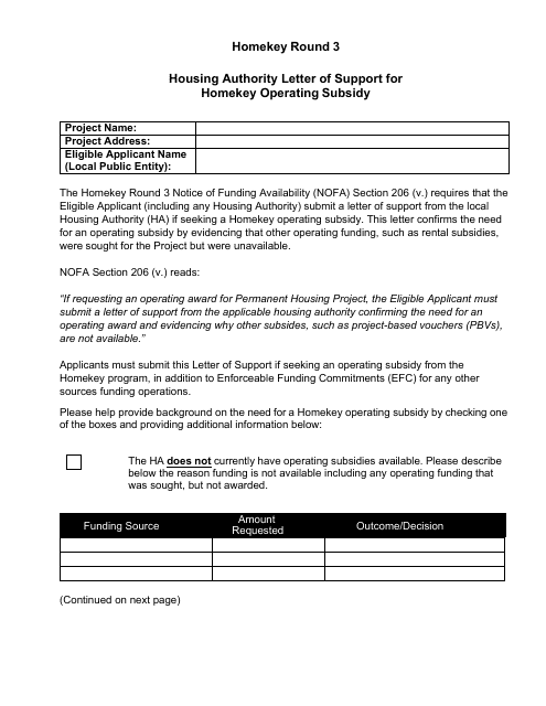 Housing Authority Letter of Support for Homekey Operating Subsidy - Homekey Round 3 - California Download Pdf