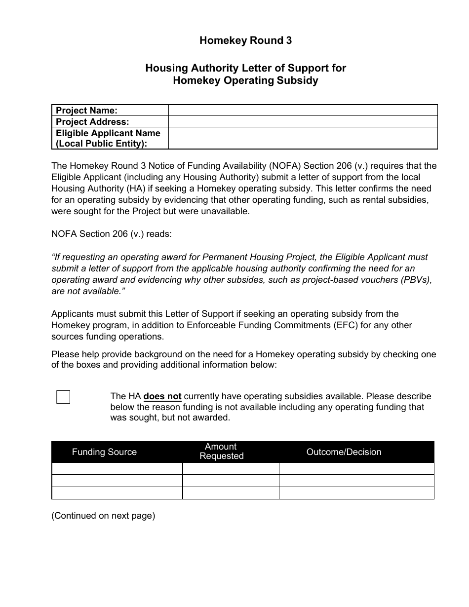 California Housing Authority Letter Of Support For Homekey Operating