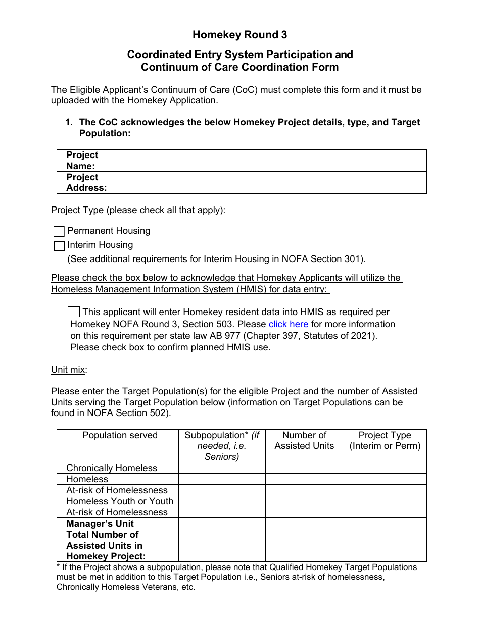 Coordinated Entry System Participation and Continuum of Care Coordination Form - Homekey Round 3 - California, Page 1