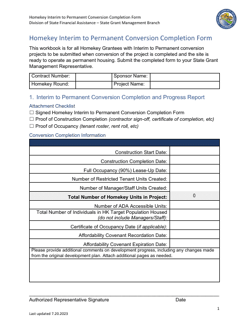 Homekey Interim to Permanent Conversion Completion Form - California