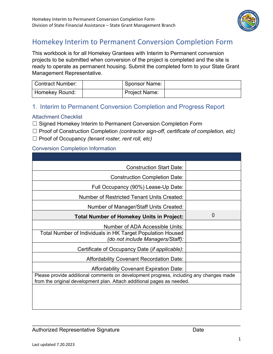 Homekey Interim to Permanent Conversion Completion Form - California, Page 1