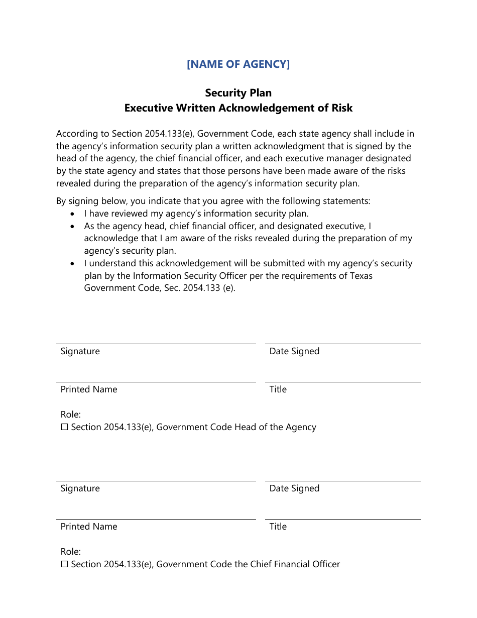 Security Plan Executive Written Acknowledgement of Risk - Texas, Page 1