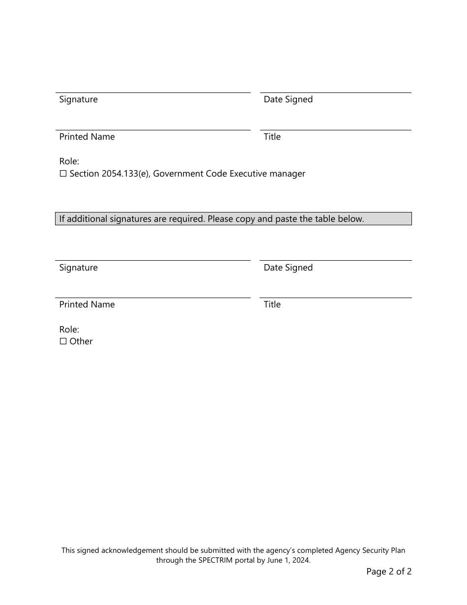 Security Plan Executive Written Acknowledgement of Risk - Texas, Page 2