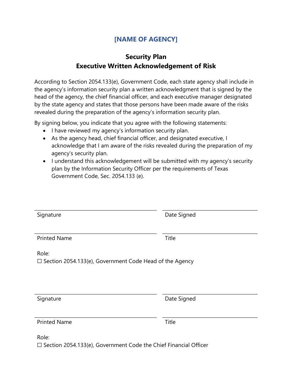 2024 Texas Security Plan Executive Written Acknowledgement Of Risk   Security Plan Executive Written Acknowledgement Of Risk Texas Print Big 