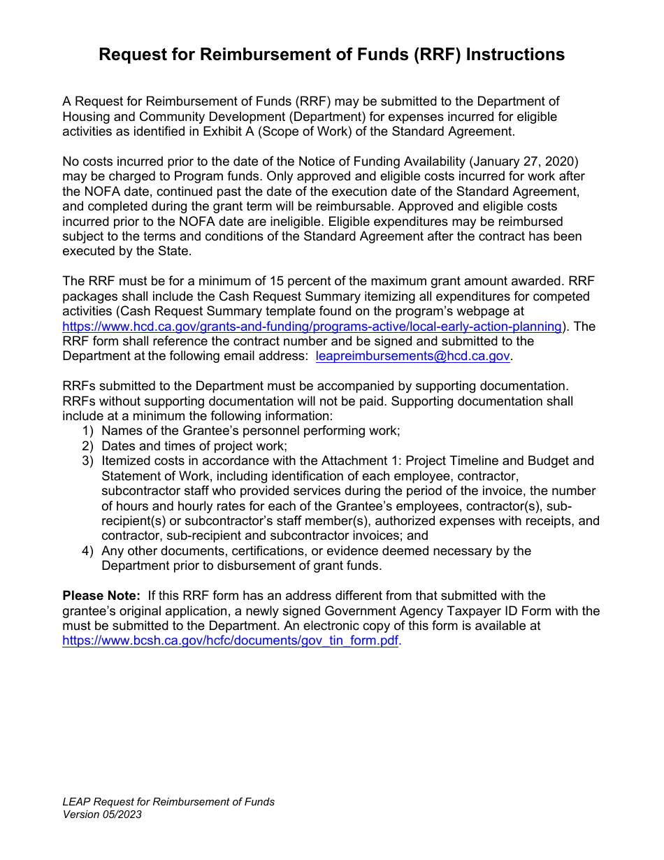Request for Reimbursement of Funds (Rrf) - Leap Grants Program - California, Page 1