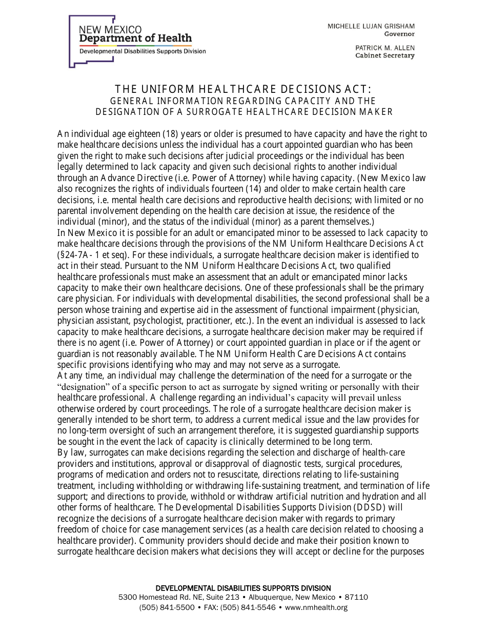 The Uniform Healthcare Decisions Act: General Information Regarding Capacity and the Designation of a Surrogate Healthcare Decision Maker - New Mexico, Page 1
