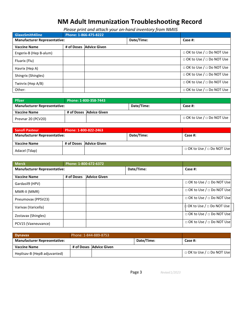 Nm Adult Immunization Troubleshooting Record - New Mexico, Page 3