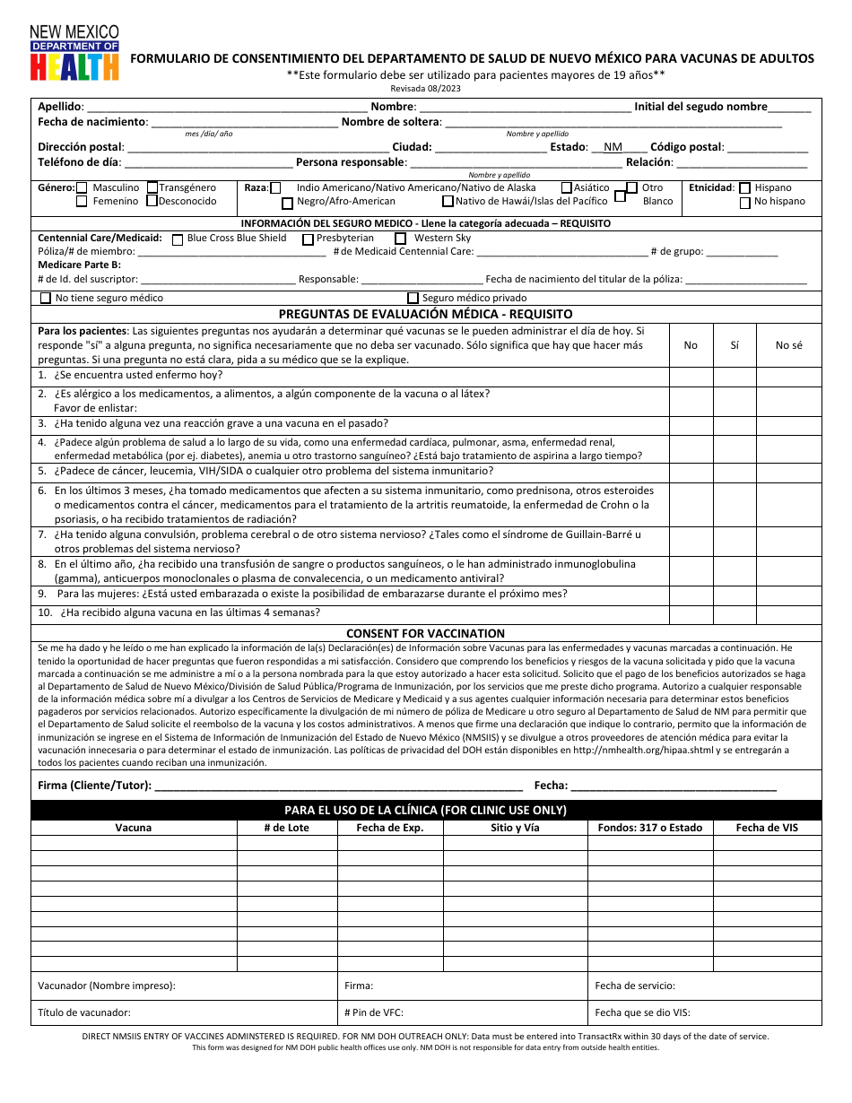 Formulario De Consentimiento Del Departamento De Salud De Nuevo Mexico Para Vacunas De Adultos - New Mexico (Spanish), Page 1