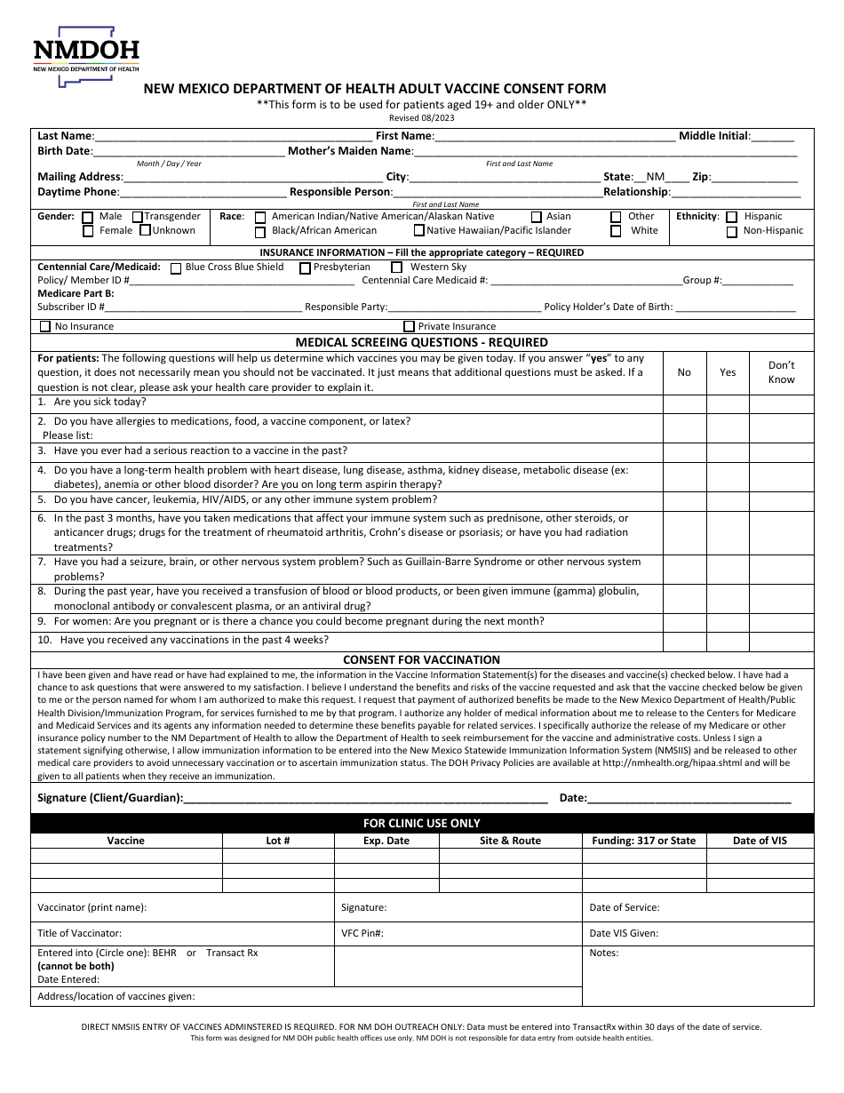 Adult Vaccine Consent Form - New Mexico, Page 1