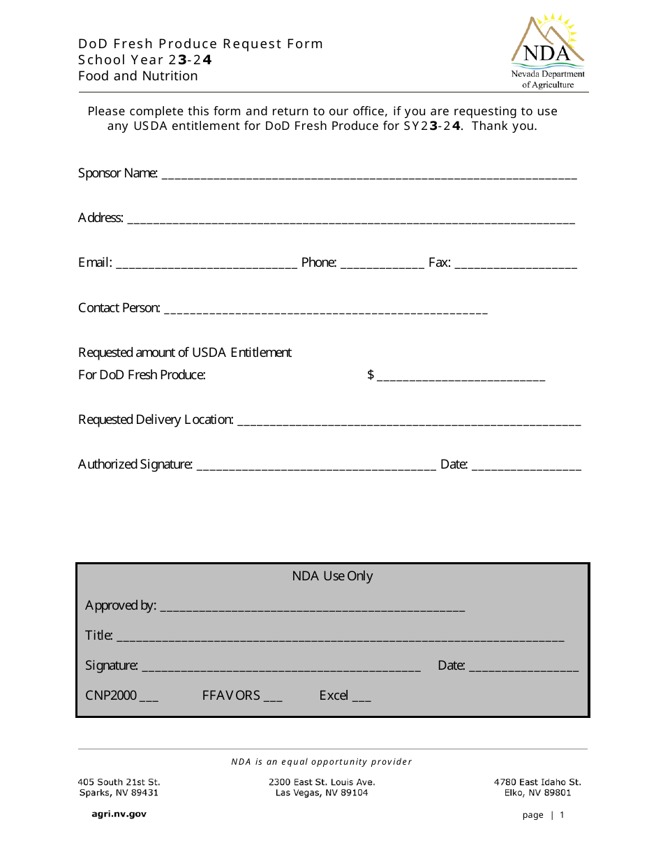 DoD Fresh Produce Request Form - Nevada, Page 1