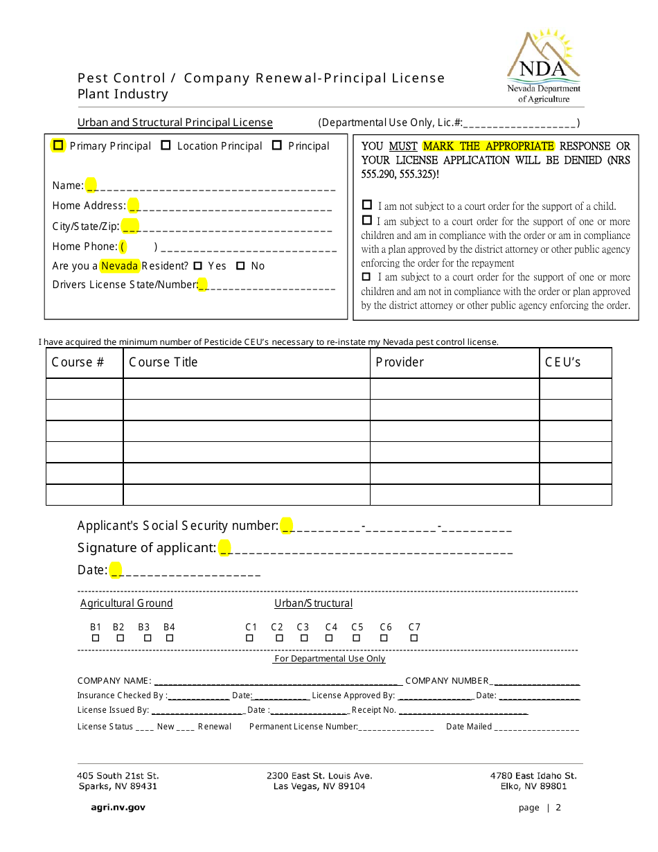 Pest Control Business License (Ground) Application - Nevada, Page 2