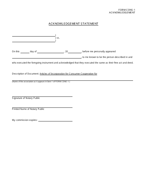 Form CONS-1 ACKNOWLEDGEMENT  Printable Pdf
