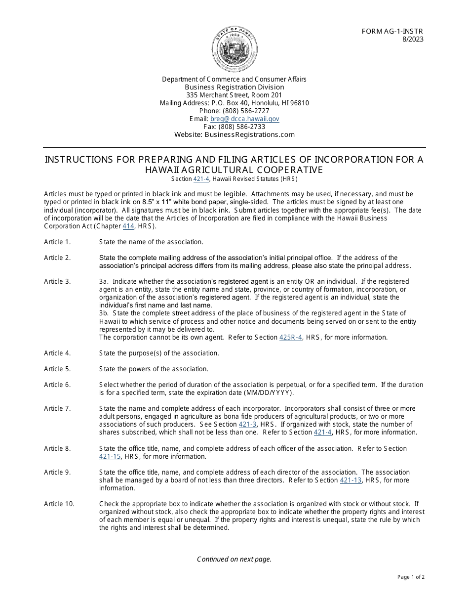 Instructions for Form AG-1 Articles of Incorporation for a Hawaii Agricultural Cooperative - Hawaii, Page 1