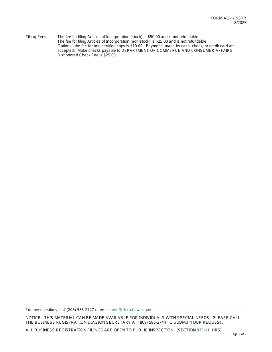 Instructions for Form AG-1 Articles of Incorporation for a Hawaii Agricultural Cooperative - Hawaii, Page 2