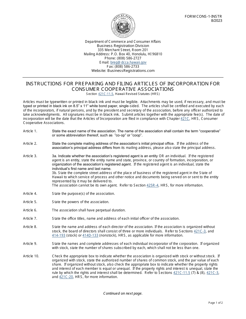 Instructions for Form CONS-1 Articles of Incorporation for a Consumer Cooperative - Hawaii, Page 1