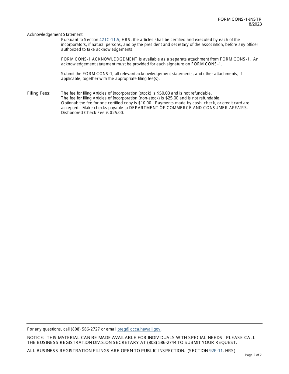 Instructions for Form CONS-1 Articles of Incorporation for a Consumer Cooperative - Hawaii, Page 2