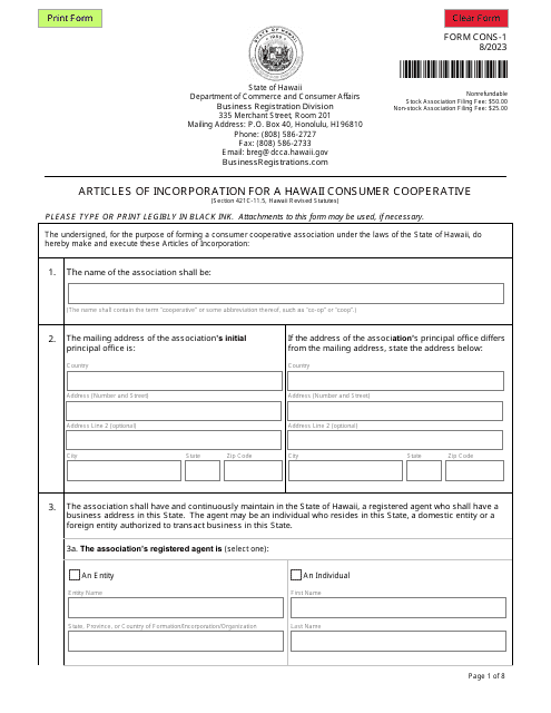 Form CONS-1 Articles of Incorporation for a Consumer Cooperative - Hawaii