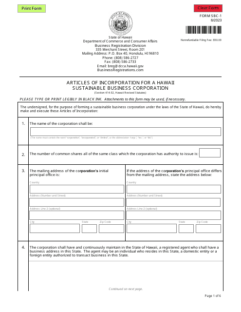 Form SBC-1 Articles of Incorporation for a Hawaii Sustainable Business Corporation - Hawaii