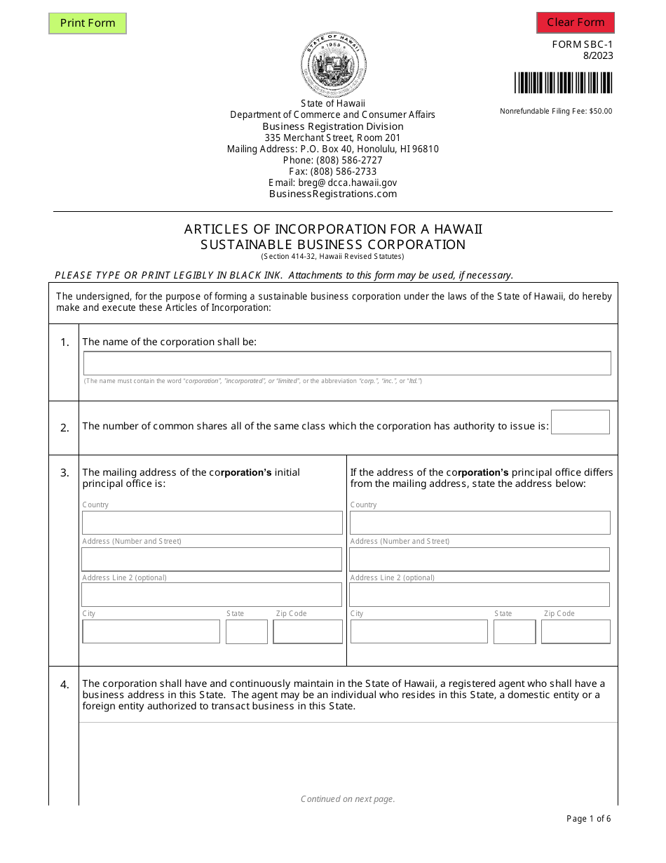 Form SBC-1 Articles of Incorporation for a Hawaii Sustainable Business Corporation - Hawaii, Page 1