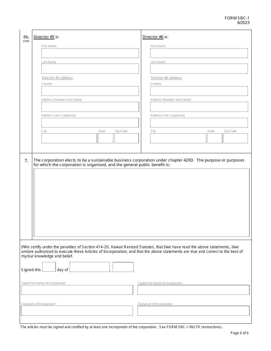 Form SBC-1 Articles of Incorporation for a Hawaii Sustainable Business Corporation - Hawaii, Page 6