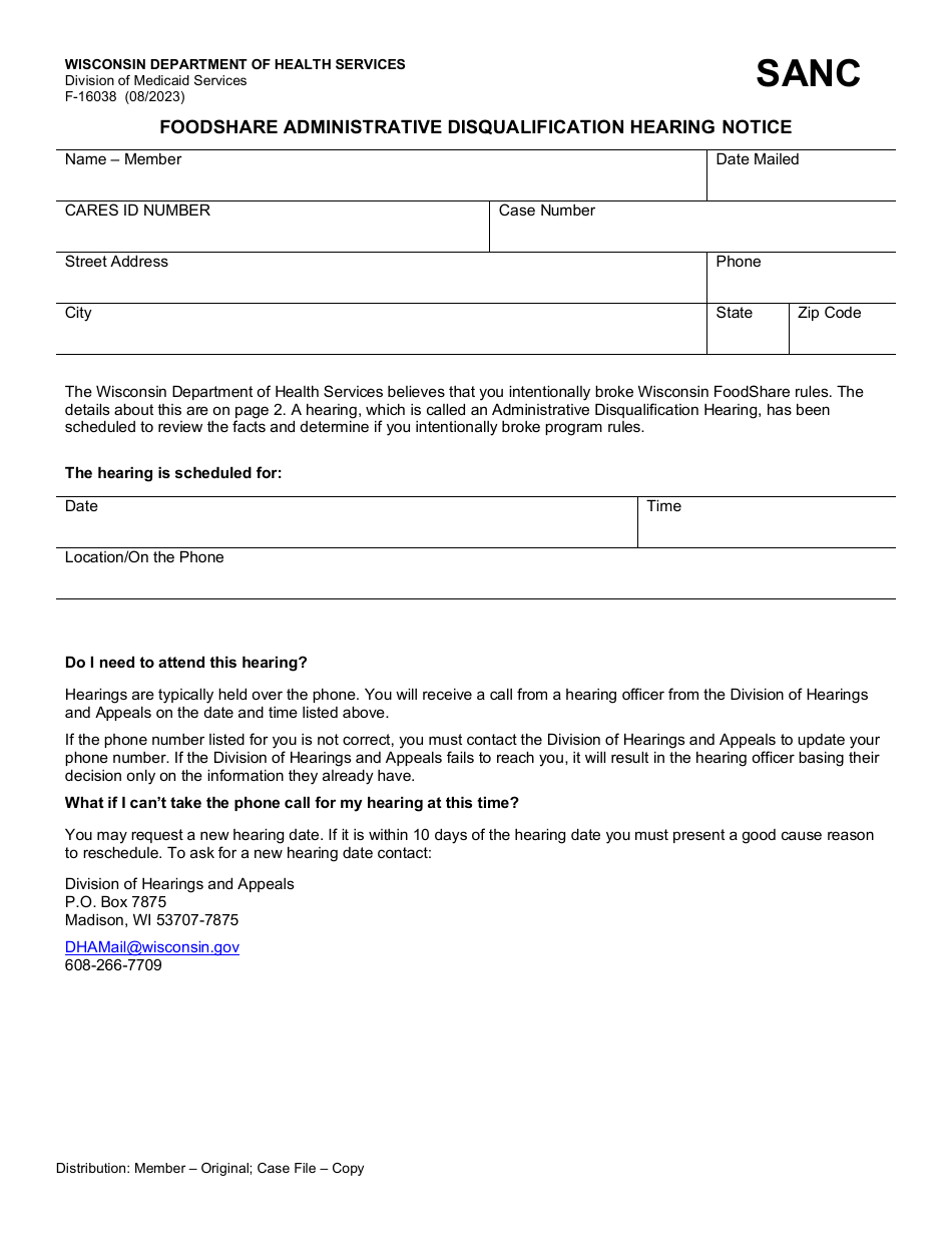 Form F-16038 Foodshare Administrative Disqualification Hearing Notice - Wisconsin, Page 1