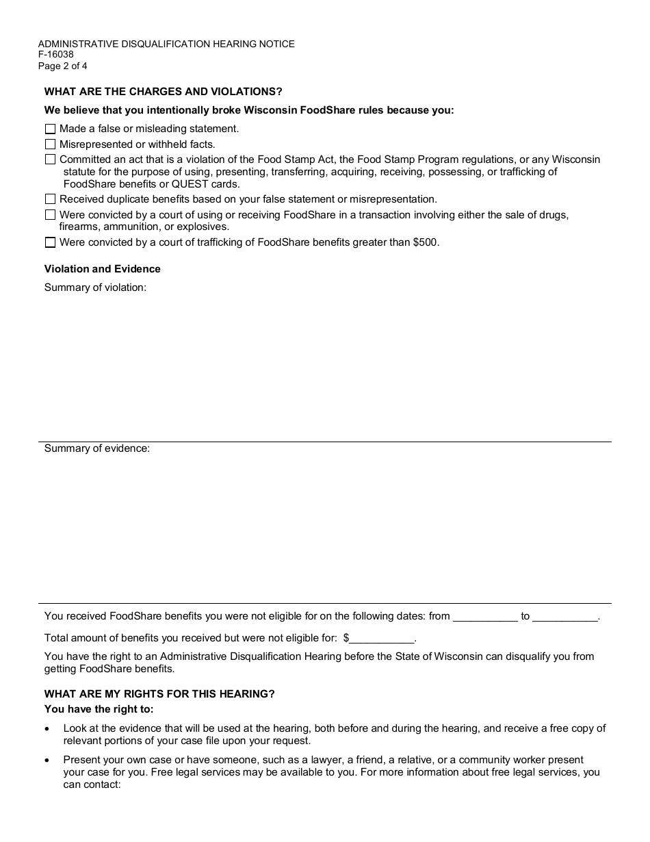 Form F-16038 Foodshare Administrative Disqualification Hearing Notice - Wisconsin, Page 2