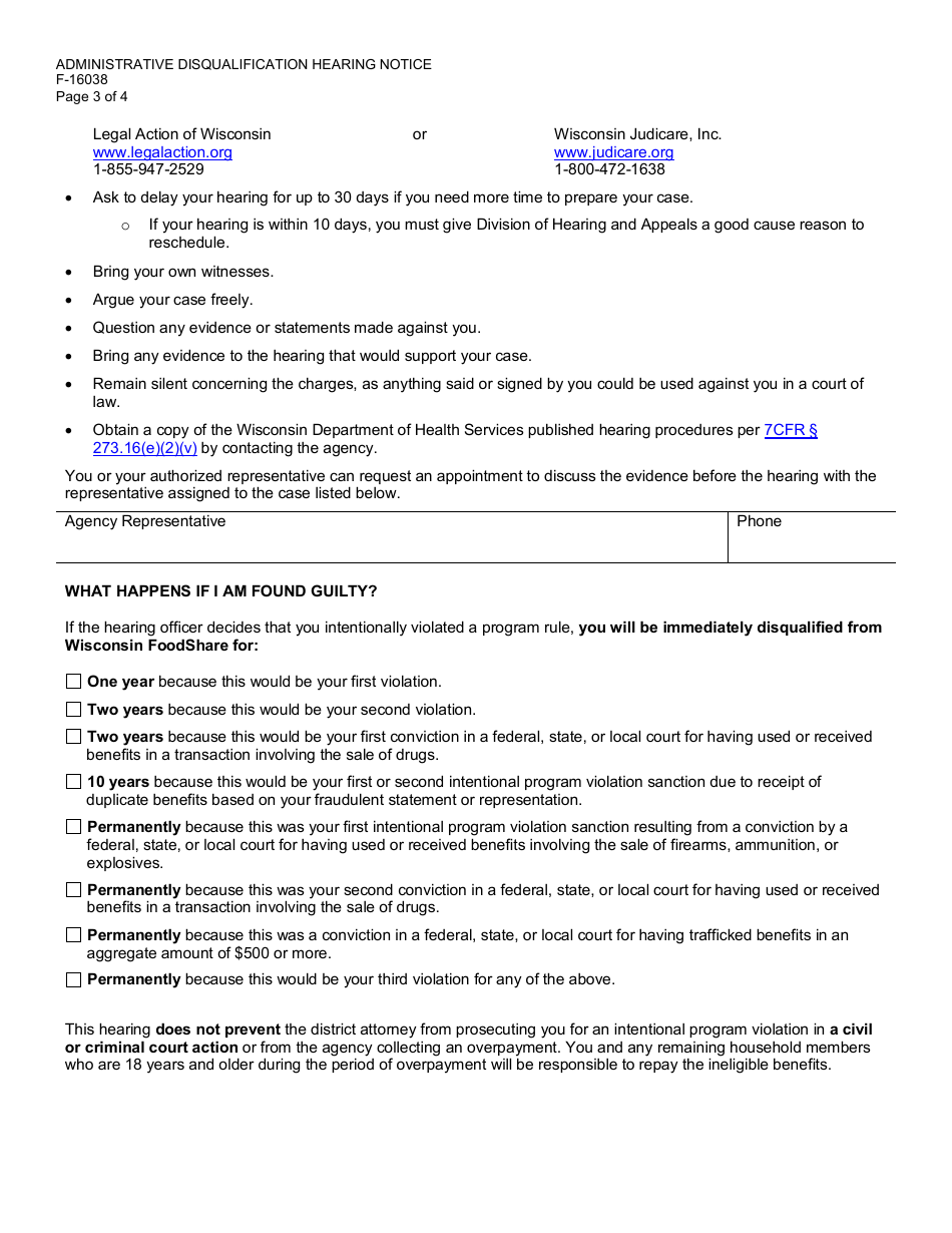 Form F 16038 Download Fillable Pdf Or Fill Online Foodshare Administrative Disqualification 9372