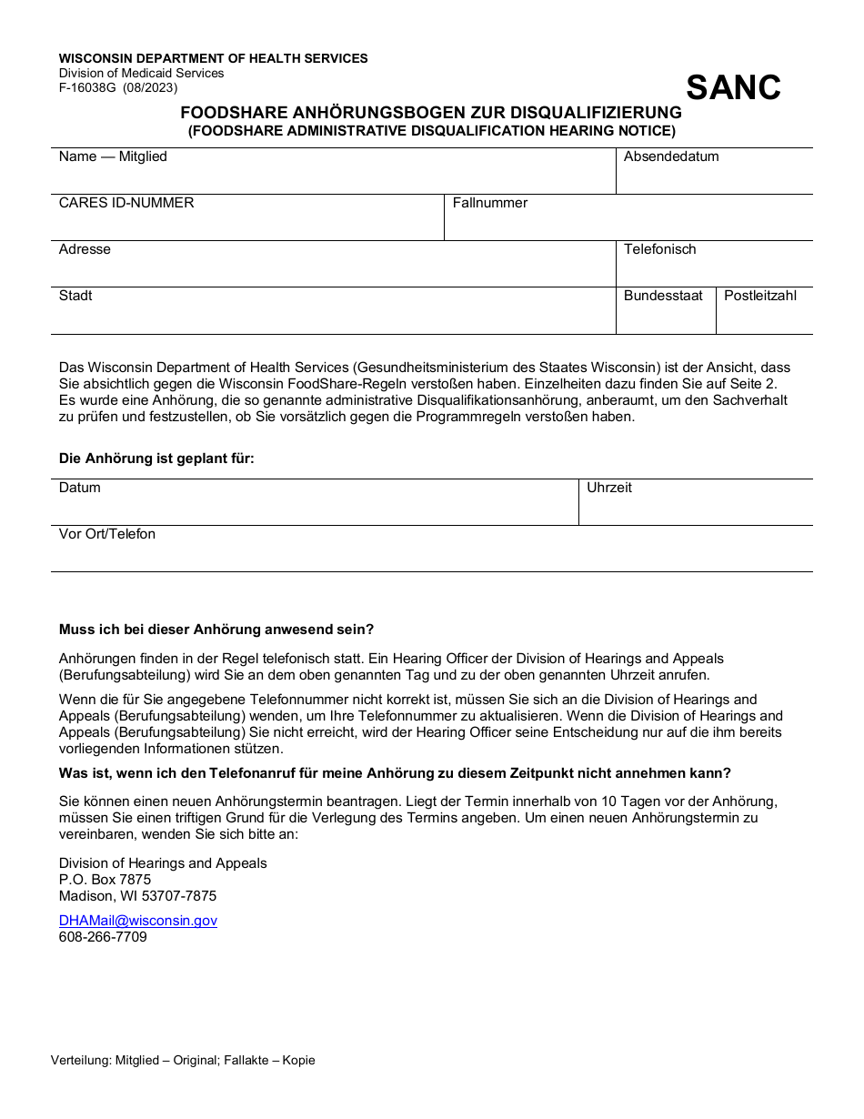 Form F-16038G Foodshare Administrative Disqualification Hearing Notice - Wisconsin (German), Page 1