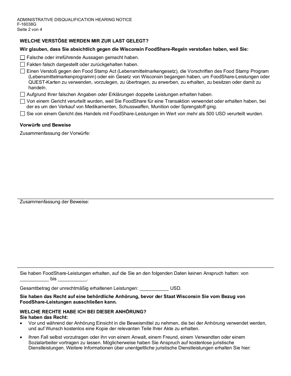 Form F-16038G Foodshare Administrative Disqualification Hearing Notice - Wisconsin (German), Page 2