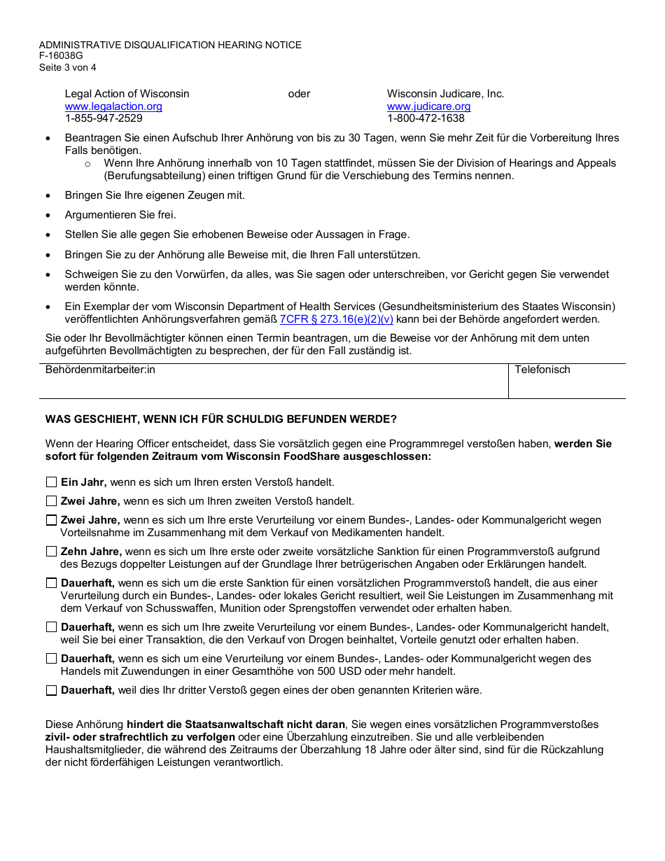 Form F-16038G Foodshare Administrative Disqualification Hearing Notice - Wisconsin (German), Page 3