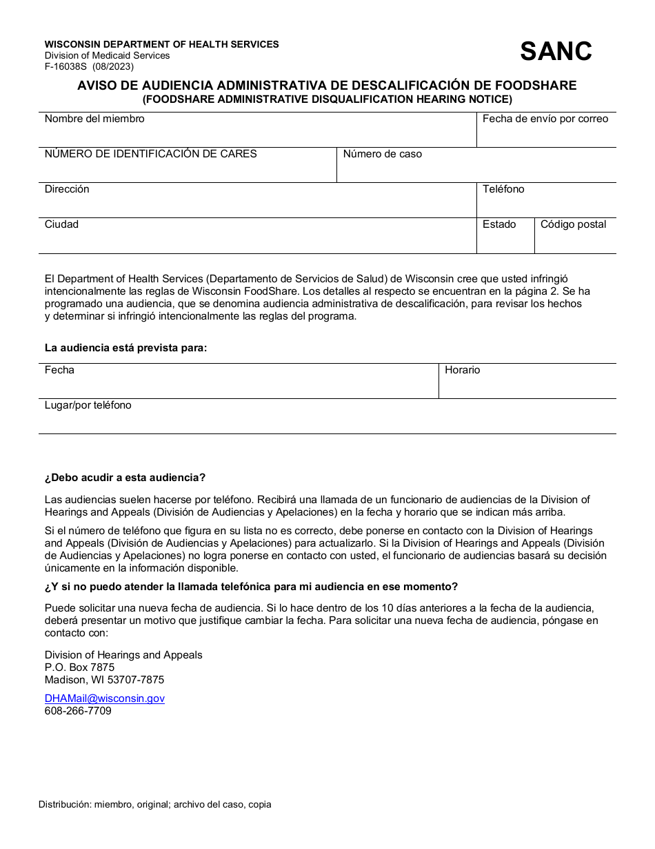 Formulario F-16038S Aviso De Audiencia Administrativa De Descalificacion De Foodshare - Wisconsin (Spanish), Page 1