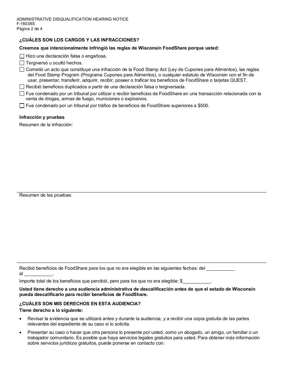 Formulario F-16038S Aviso De Audiencia Administrativa De Descalificacion De Foodshare - Wisconsin (Spanish), Page 2