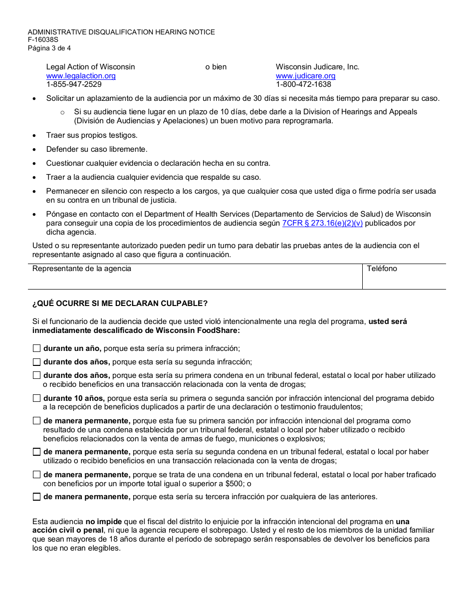 Formulario F-16038S Aviso De Audiencia Administrativa De Descalificacion De Foodshare - Wisconsin (Spanish), Page 3
