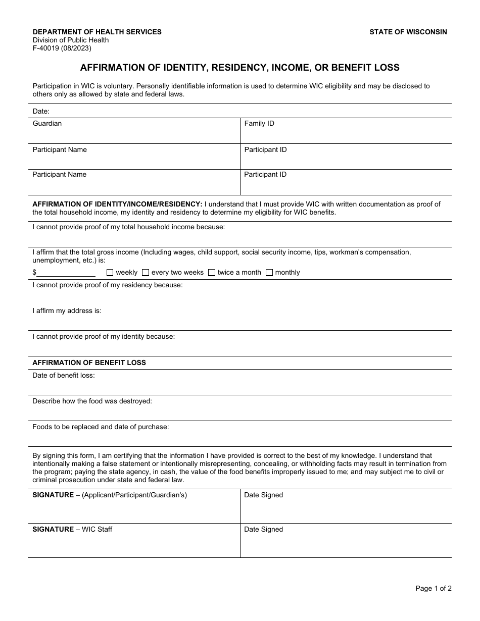 Form F-40019 Affirmation of Identity, Residency, Income, or Benefit Loss - Wisconsin, Page 1