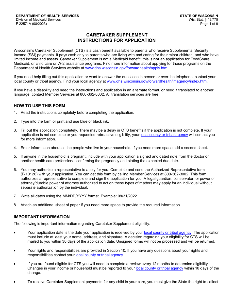 Download Instructions for Form F-22571 Caretaker Supplement Application ...