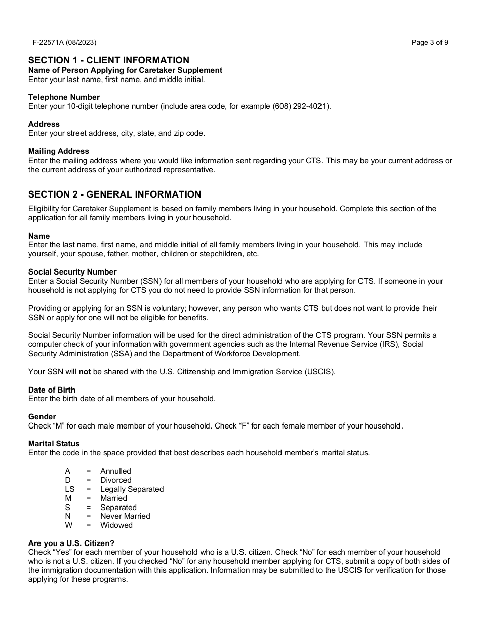 Instructions for Form F-22571 Caretaker Supplement Application - Wisconsin, Page 3