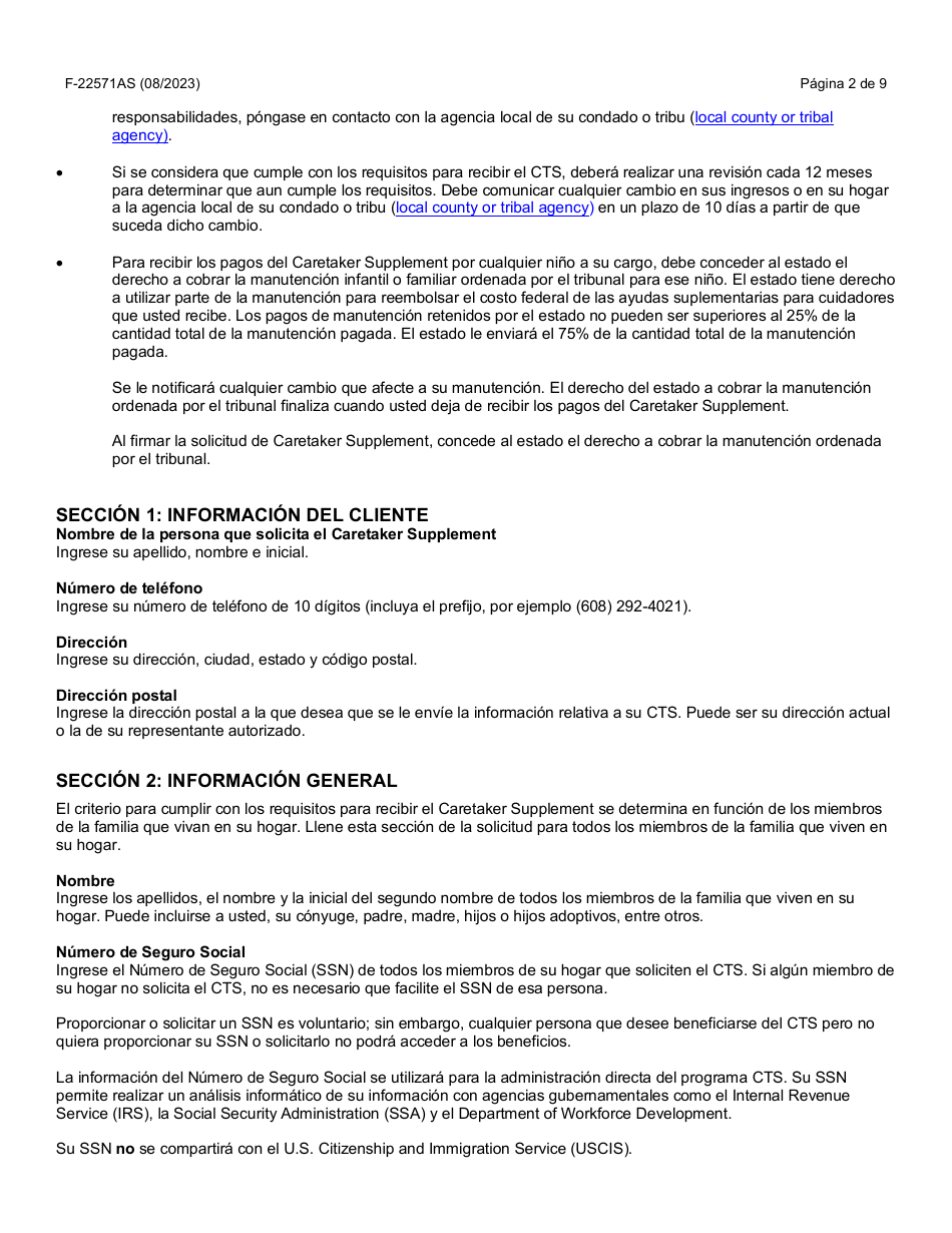 Instrucciones para Formulario F-22571 Caretaker Supplement Application - Wisconsin (Spanish), Page 2