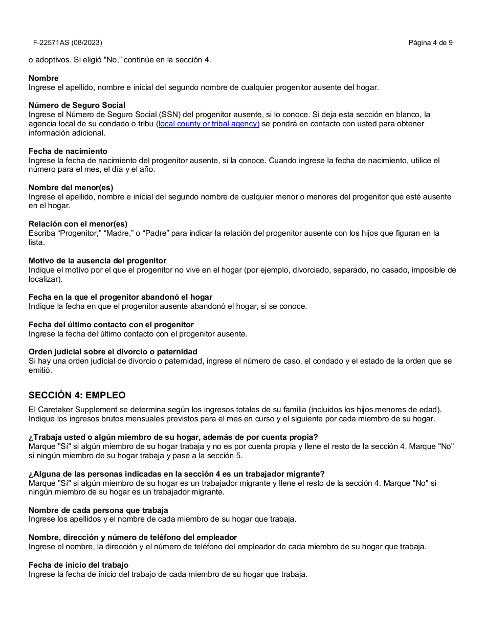 Instrucciones para Formulario F-22571 Caretaker Supplement Application - Wisconsin (Spanish), Page 4